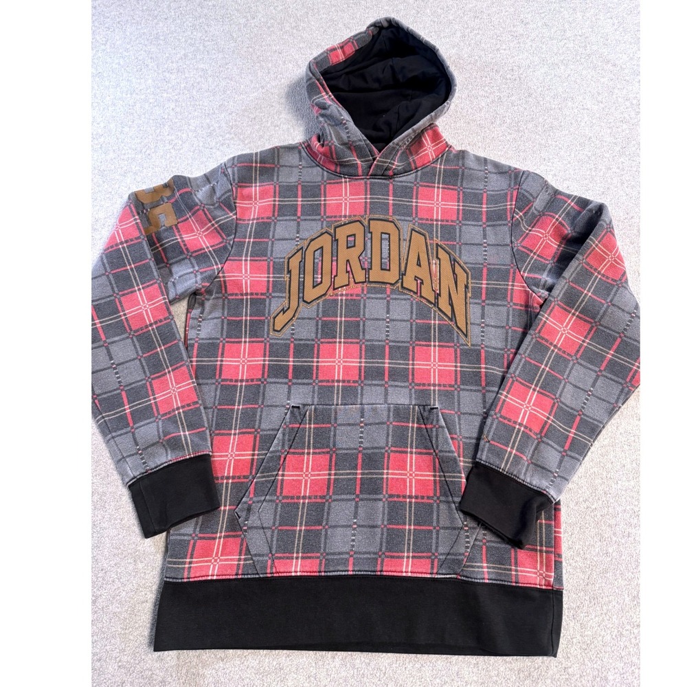 Nike Air Jordan Hoodie Mens XL Plaid Red Gray Pullover Jumpman Sweatshirt '85